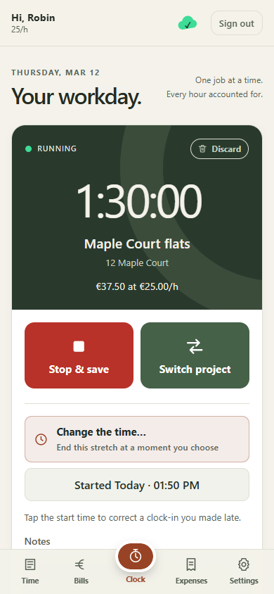 Clocker mobile timer running on a fictional demo project