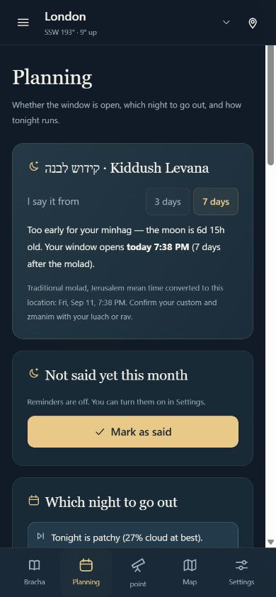 Kiddush Levana viewing window and weather planning for London