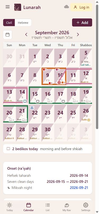 Lunarah civil and Hebrew calendar with sample events