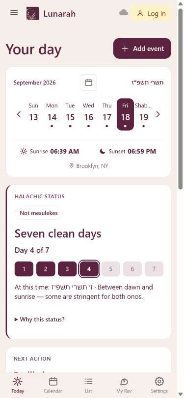 Lunarah daily overview with fictional calendar records