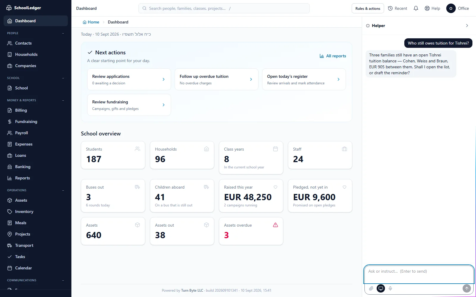 SchoolLedger administration dashboard with demonstration records