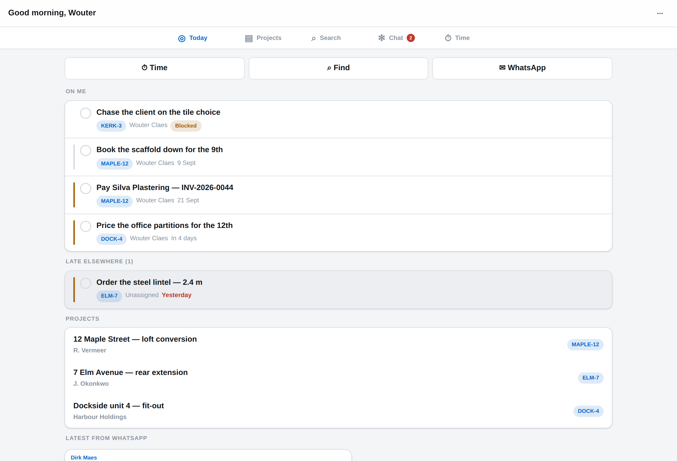 SiteWire Today screen with fictional tasks and construction projects