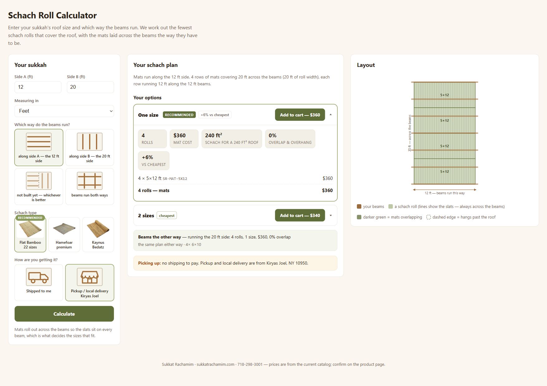 Schach calculator with example roof dimensions, roll recommendations, cost comparison and a scaled mat layout