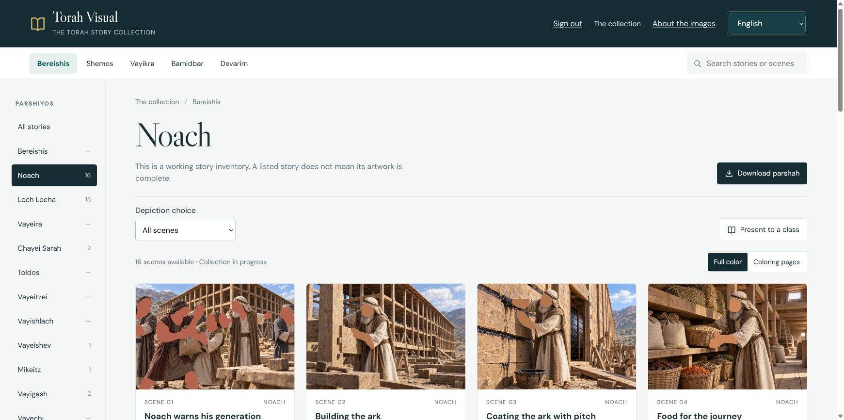 Torah Visual Noach collection with story navigation, language choices and illustrated scenes